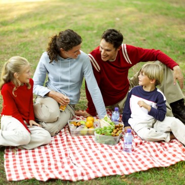 Mother Father Son and Daughter (8-11) Having a Picnic and Chatting --- Image by © Royalty-Free/Corbis